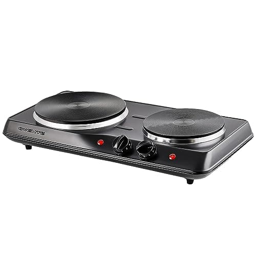 OVENTE Electric Countertop Double Burner, 1700W Cooktop with 7.25" and 6.10" Cast Iron Hot Plates, Temperature Control, Portable Cooking Stove and Easy to Clean Stainless Steel Base, Black BGS102B