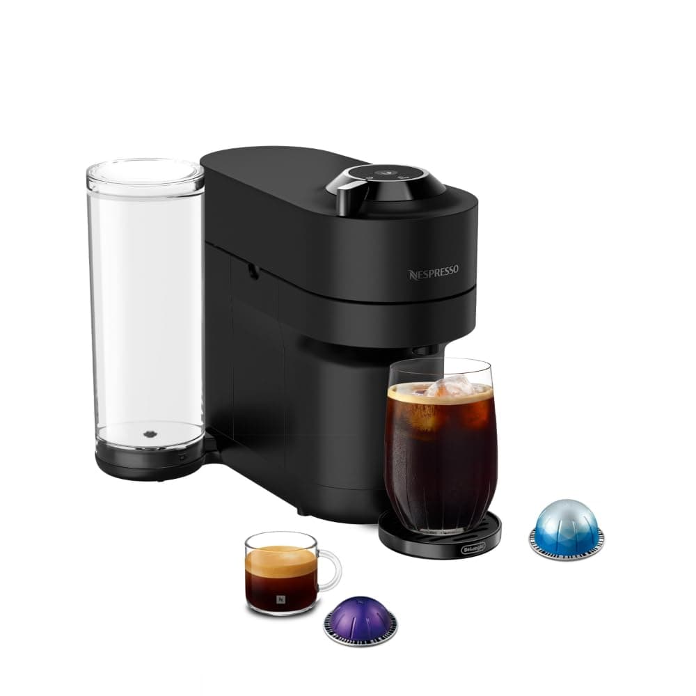 Nespresso Vertuo Pop+ Deluxe Coffee & Espresso Maker by De'Longhi, Black | Black matte dark chrome coffee machine with sleek design, 37 fl. oz. side tank, 30 second heat-up and auto capsule ejection.