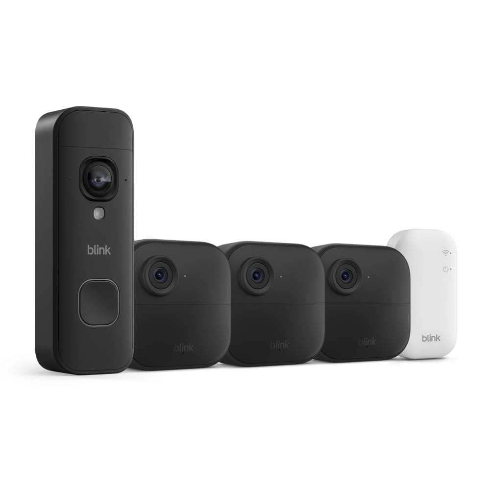 Blink Outdoor 4 and Battery Doorbell 2K+ (newest model) — Two-year battery 1080p cameras and 2K battery doorbell. Sync Module Core included — 3 Cameras + Doorbell (Black)
