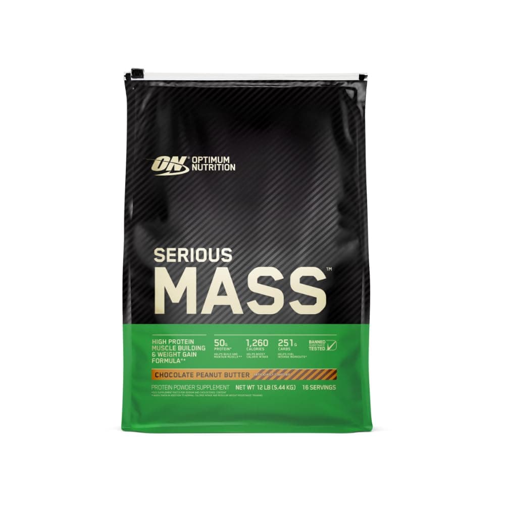 Optimum Nutrition Serious Mass Protein Powder, Chocolate Peanut Butter 12LB | Weight Gainer Protein Powder, Mass Gainer with Whey Protein, Creatine, Glutamine, BCAAs, Vitamins & Minerals, Easy Mixing