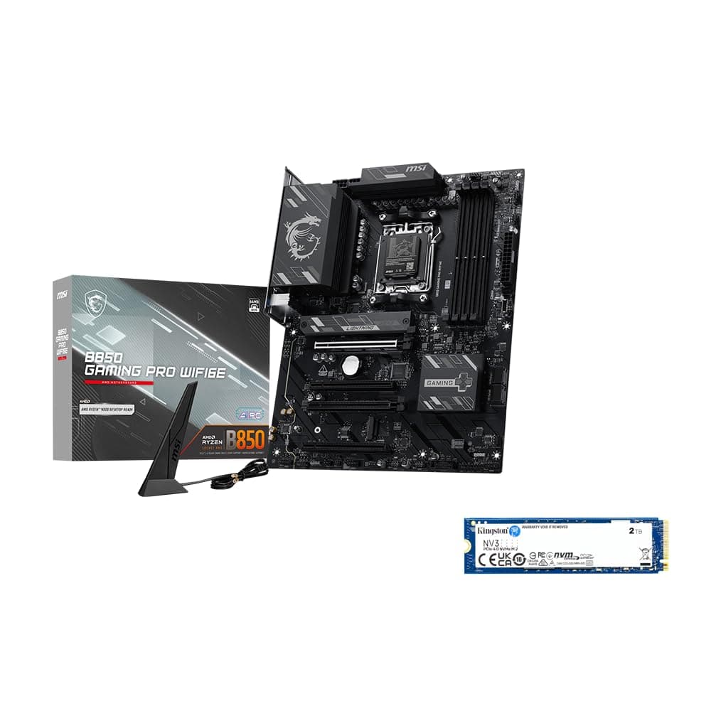MSI B850 GAMING PRO WIFI6E Motherboard, ATX-Supports AMD Ryzen 9000/8000/7000 Processors,AM5-DDR5 Memory Boost 8200+ MT/s (OC), PCIe 4.0 x16,M.2 Gen5,Wi-Fi 6E,2.5G LAN+Kingston NV3 2TB NVMe SSD Bundle