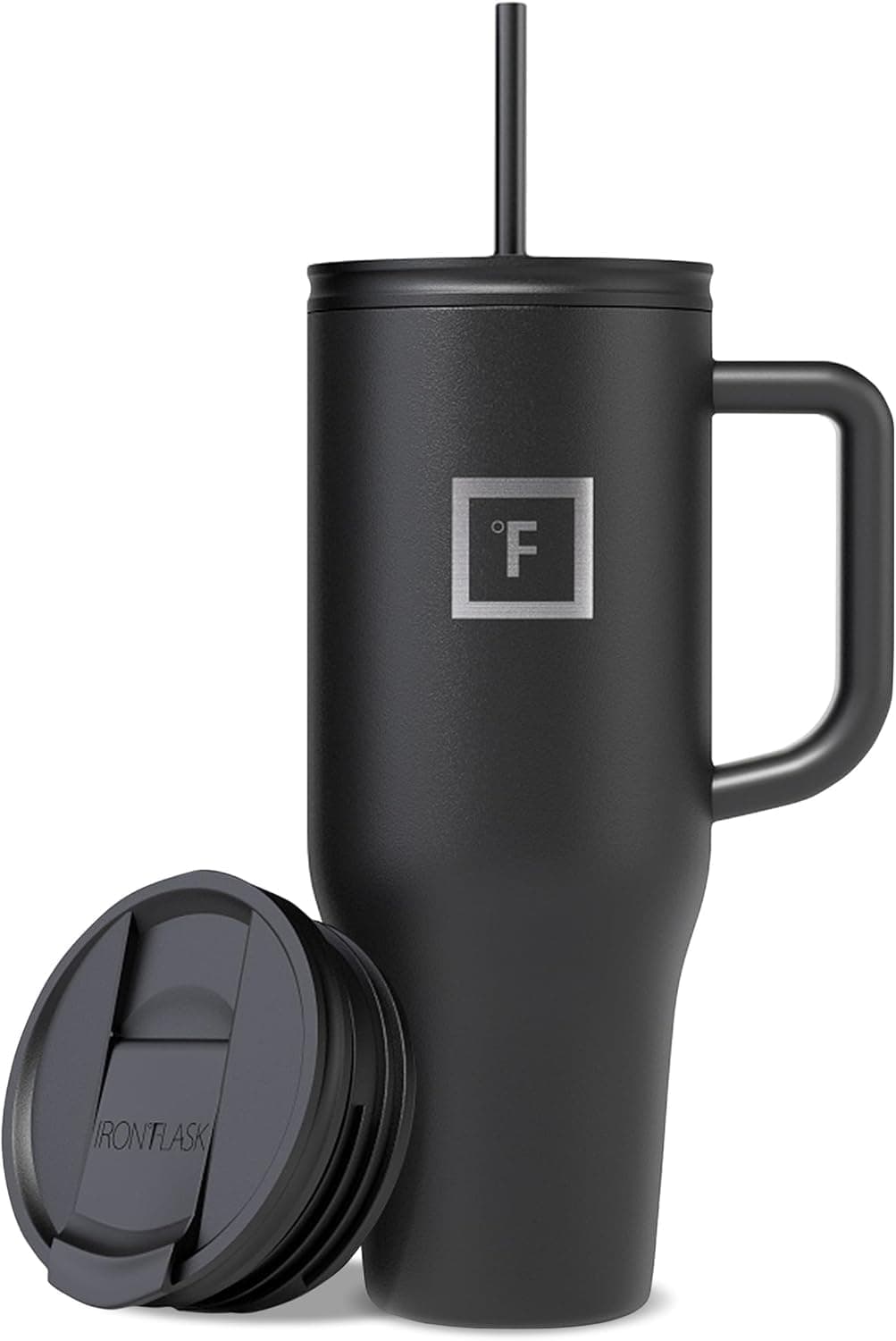 IRON °FLASK 40 oz Co-Pilot Insulated Travel Mug | Insulated Travel Mug with Straw & Flip Cap Lids - Cup Holder Fit, Leakproof, BPA Free (Midnight Black)