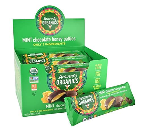 Heavenly Organics Mint Chocolate Honey Patties, (16 Per Box) Made with 100% Organic Cocoa and 100% Organic Raw White Honey; Non-GMO, Fair Trade, Kosher, Dairy & Gluten Free, No Sugar Added
