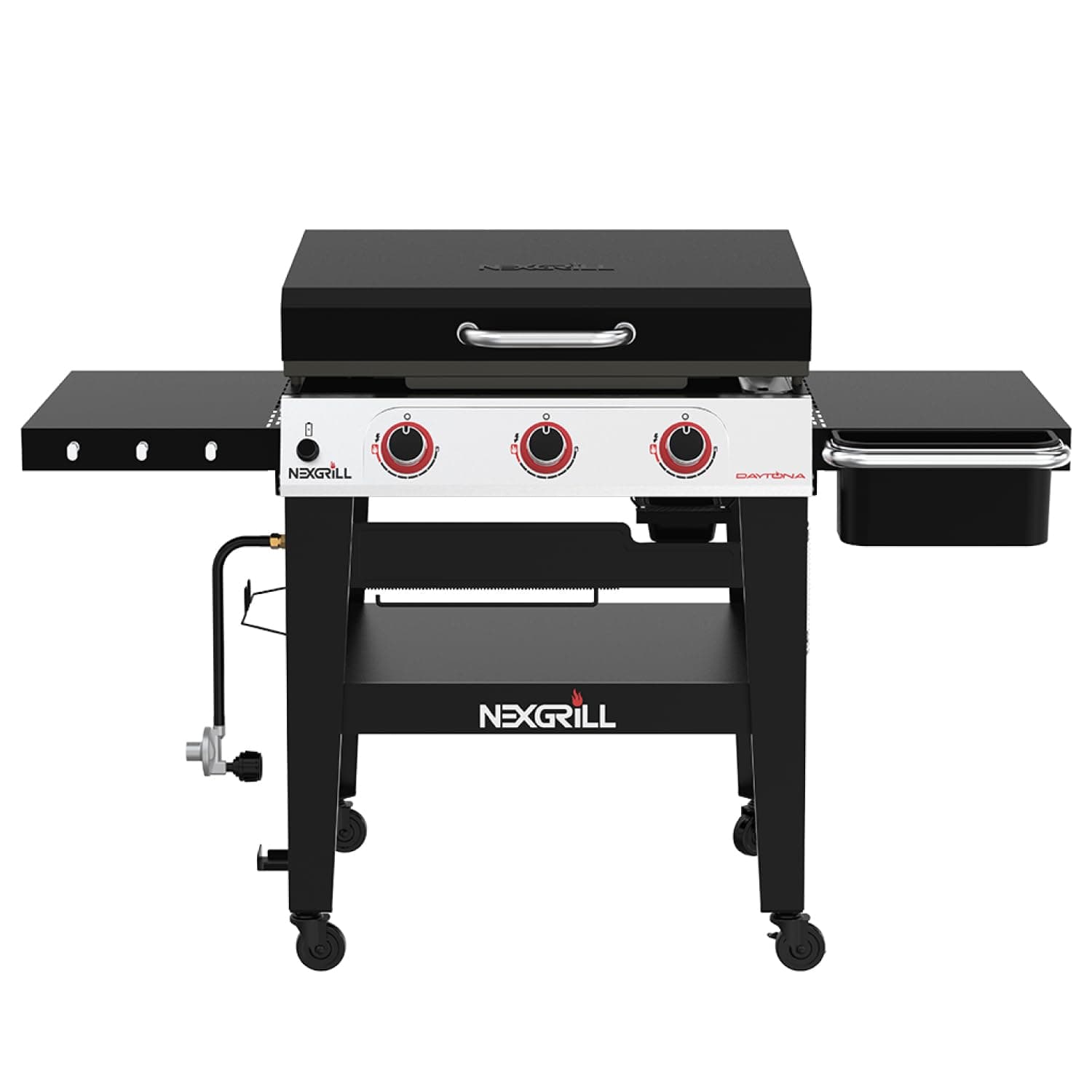 Nexgrill Daytona 3-Burner Gas Griddle, Flat Top Grill with Side Tables | Offers 45000 BTU, Hot-Rolled Steel Surface, 630 SQ In Cooking Space, Removable Grease Tray, Condiment Tray, Steel Lid