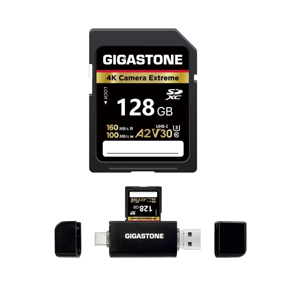 【5-Years Data Recovery】 GIGASTONE 128GB SD Card with USB Type C Card Reader, 4K Camera Extreme, UHS-I A2 V30 U3 C10 SDXC Memory Card, Speed up to 170MB/s, Compatible with Kodak Olympus Digital Camera