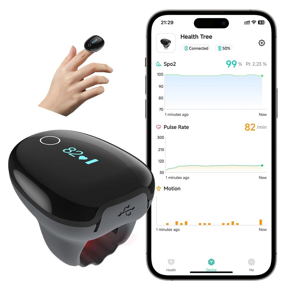 Pulse Oximeter O2 Ring Oxygen Monitor Blood Oxygen Saturation Continuous Recording of SpO2&PR Rechargeable Pulse Ox Continuous Pulse oximeter with Bundle APP Provides Report