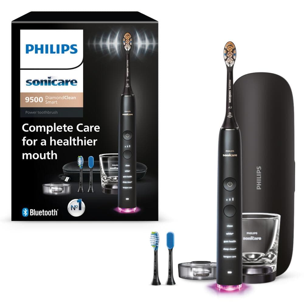 Philips Sonicare DiamondClean 9500 Electric Toothbrush 3 Brush Heads, Black | 2000% More Plaque Removal¹, Visual Pressure Sensor, 15 Brush Setting, App Connected, 14-Day Battery, Charging Case, HX9923/11