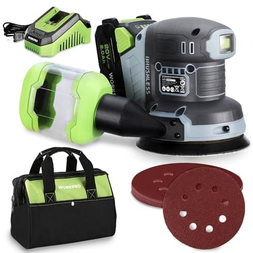 WORKPRO Cordless Random Orbital Sander Brushless 6 Variable Speeds 6000 to 12000 OPM, 20V 5in Electric Orbit Sander for Woodworking with Battery, Charger, Dust Collector, Tool Bag,15 Pcs Sanding Discs