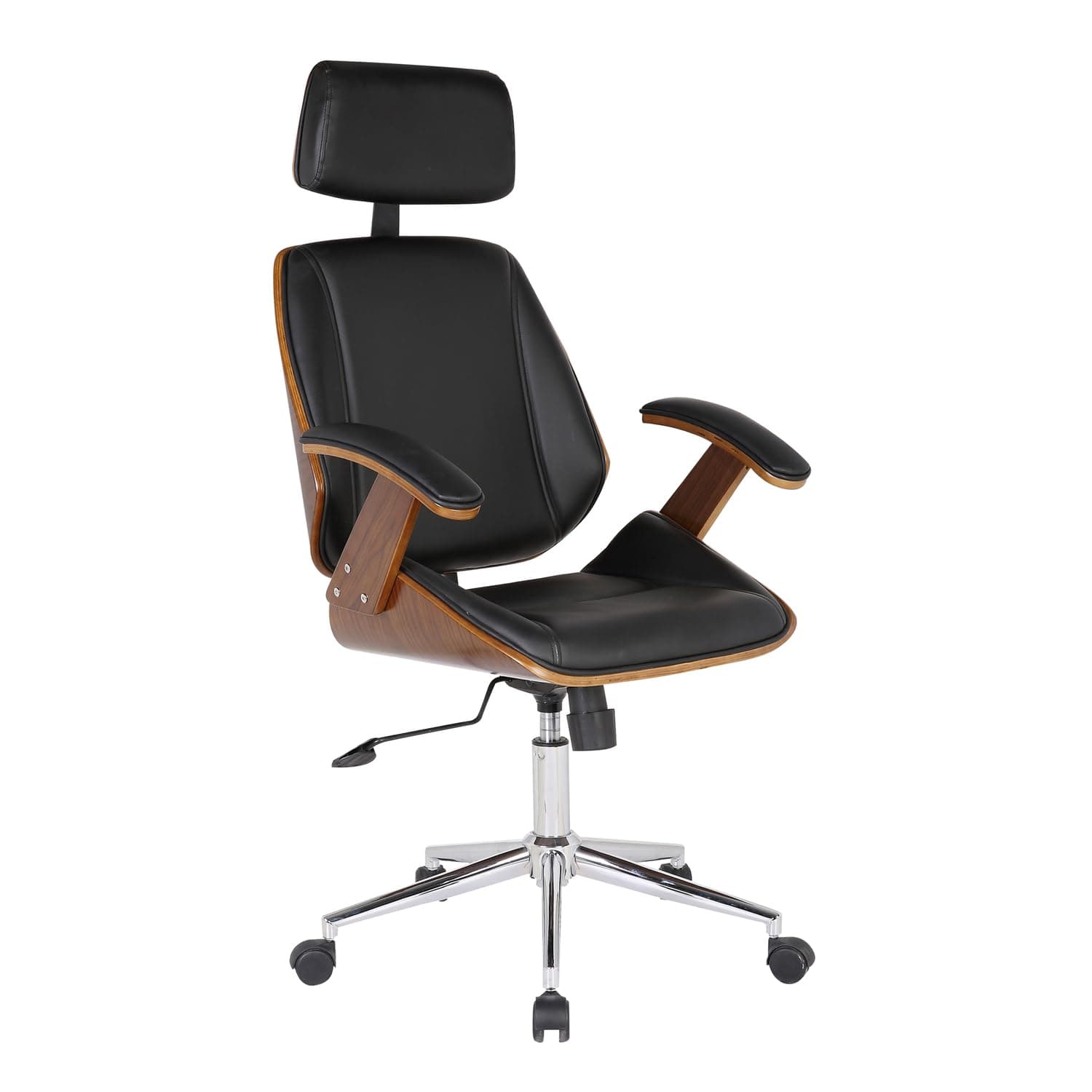 Armen Living Century Office Chair in Black Faux Leather and Walnut Wood, Chrome Finish