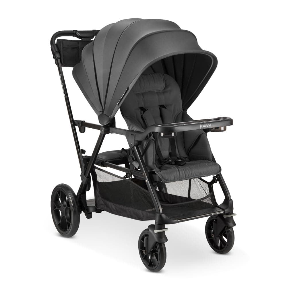 Joovy Caboose RS Sit & Stand Double Stroller for Children Up to 55 lb. with All-Terrain Wheels, UPF50+ Sun Canopy & Magnetic 5-Point Safety Harnesses, Jet | All-Terrain Wheels, Sun Canopy, Magnetic 5-Point Safety Harnesses, Sit or Stand Stroller with 16 Different Configurations