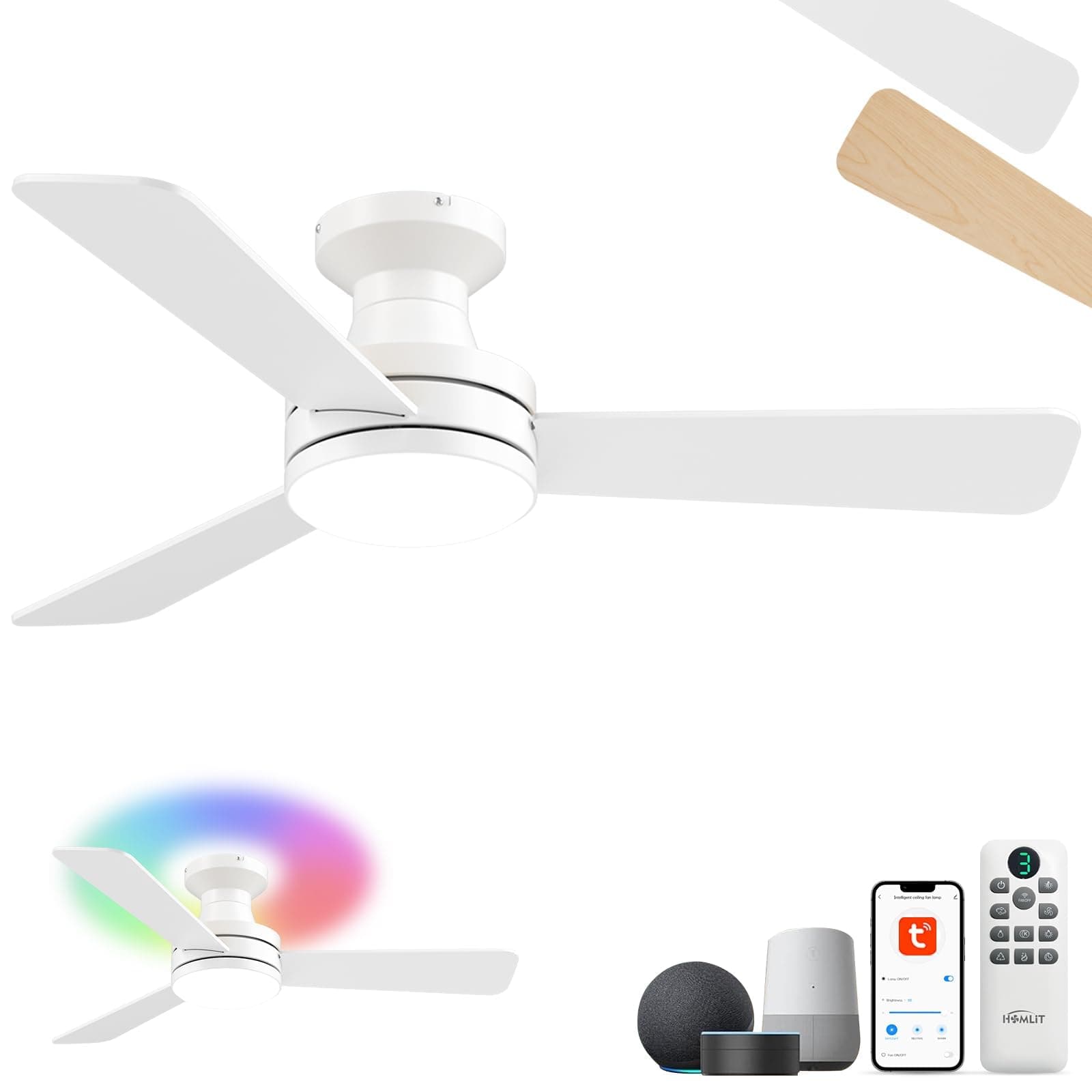 42" RGB Ceiling Fan with Light, Music Sync Smart Fan Works with Alexa/Google Assistant/App Control, Low Profile Flush Mount, 6-Speed Quiet DC Motor, 4 CCT Dimmable Lighting for Bedroom Living Room