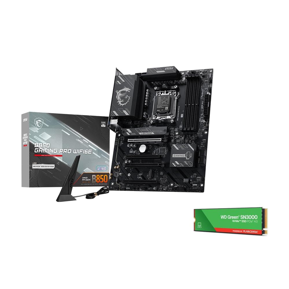 MSI B850 Gaming PRO WIFI6E Motherboard, ATX-Supports AMD Ryzen 9000/8000/7000 Processors,AM5-DDR5 Memory Boost 8200+ MT/s (OC), PCIe 4.0 x16,M.2 Gen5,Wi-Fi 6E,2.5G LAN+WD Green SN3000 1TB SSD Bundle
