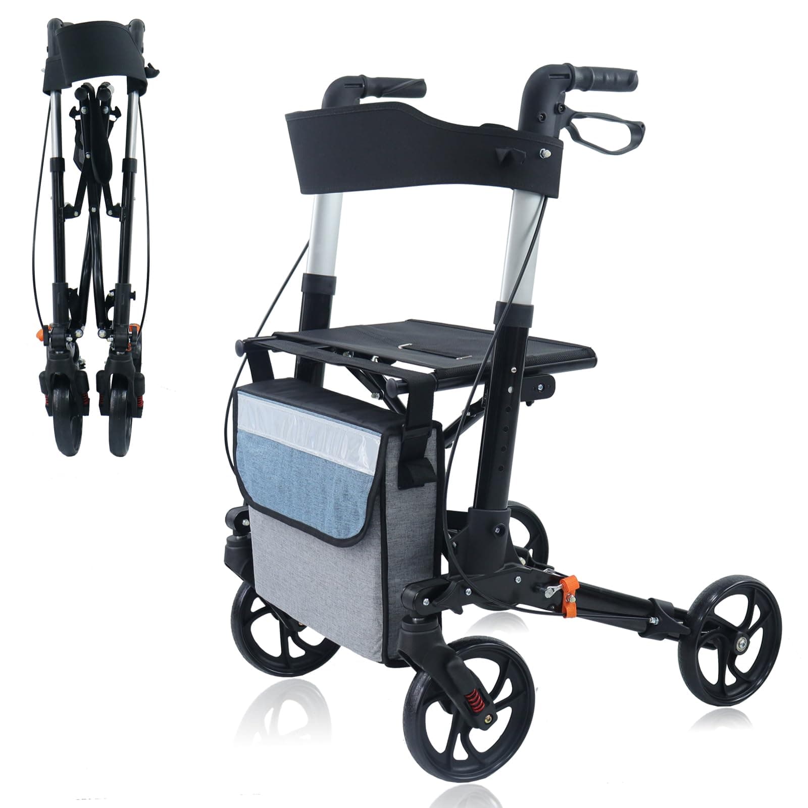 Rollator Walker (only 16lbs) for Seniors with Handbrake, Upgraded Thumb Press Button for Height Adjustment, 4 x 8 Wheels Walker with Seat Padded Backrest Folding Lightweight Walking Aid