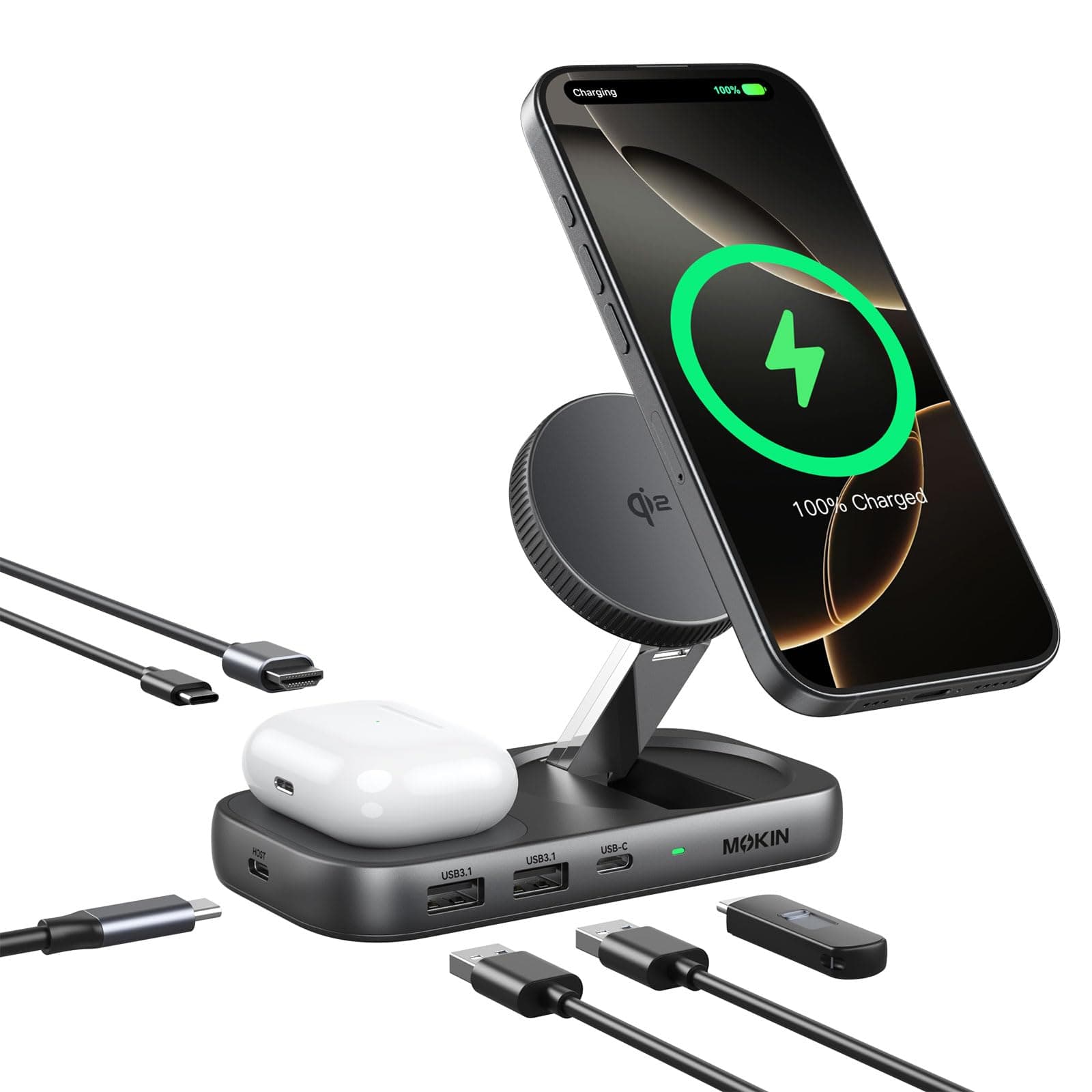 MOKiN USB C Hub 15W Wireless Charger, Qi2 Certified Magsafe Charging Stand with 4K@60Hz HDMI, 100W PD, 10Gbps USB C/A, and 5W Charging Pad, Laptop Docking Station for MacBook/Windows