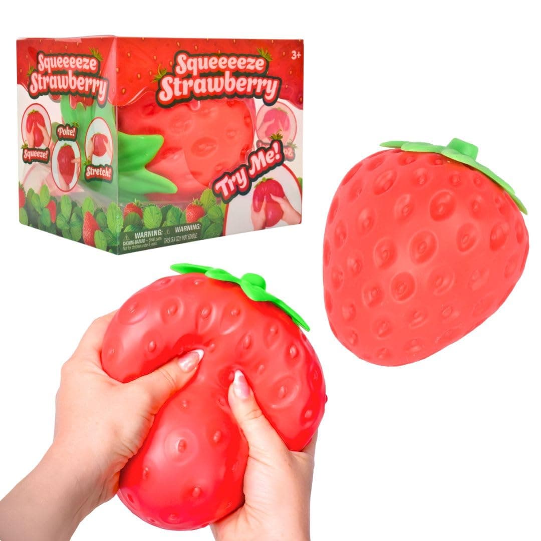 Sunny Days Entertainment Strawberry Squishy - Jumbo Stress Ball - Ages 3+ | Thermoplastic Rubber TPR, 5.75 x 5 x 5 in, Extra Large Size, Red Color, Fruit Theme, 0.9 lb Weight, Small Parts Warning