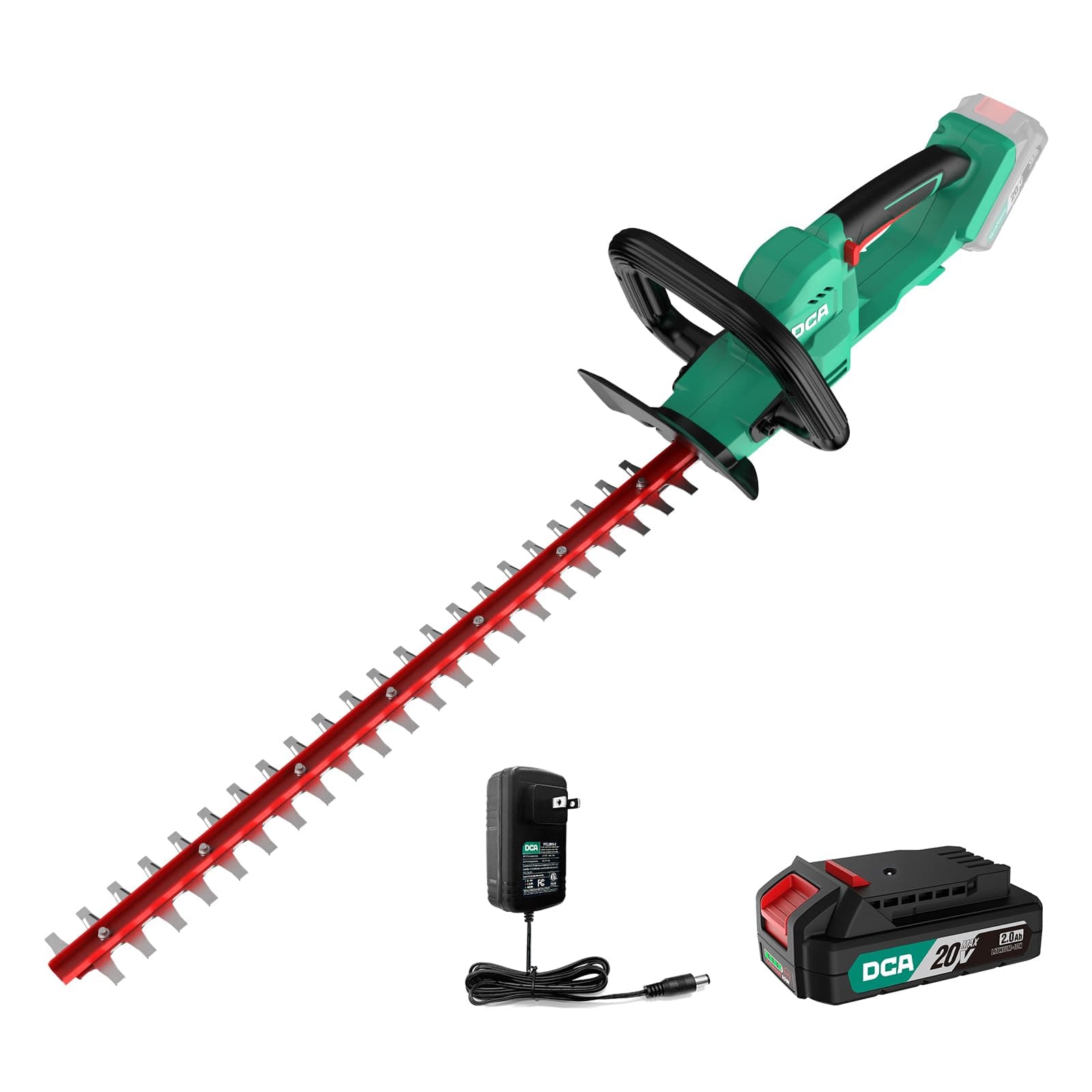 DCA 22 inch Hedge Trimmer Cordless 20V, 2800RPM Electric Bush Trimmer with Dual-Action Blade, 3/4" Cutting Capacity, 5.2 LBS Lightweight Bush Clipper, 180° Rotatable, 2.0Ah Battery & Charger Included
