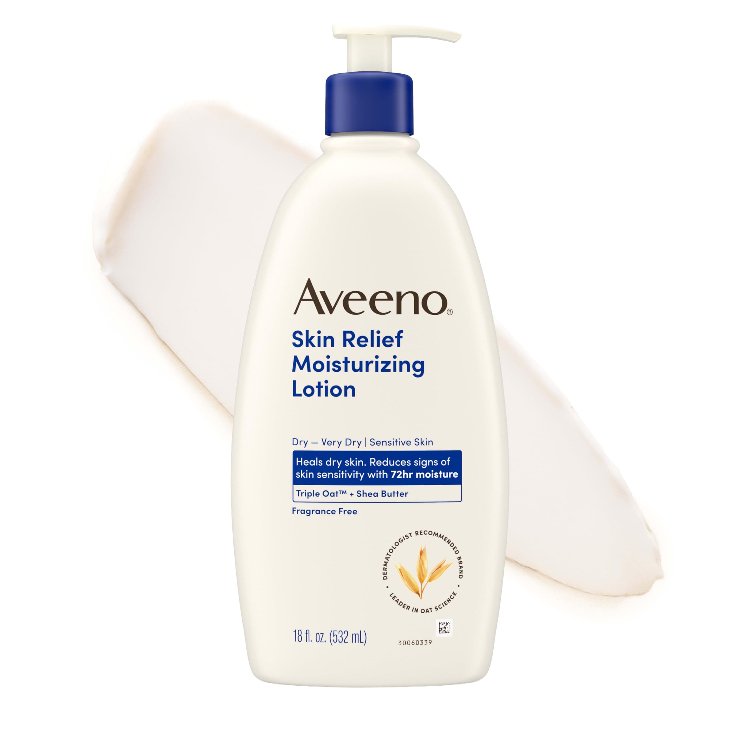 Aveeno Skin Relief Moisturizing Lotion, Fragrance-Free, 18 fl. oz | Skin Relief Lotion Heals Very Dry, Sensitive Skin, Fast Absorbing, Triple Oat & Shea Butter Formula, Non-Comedogenic