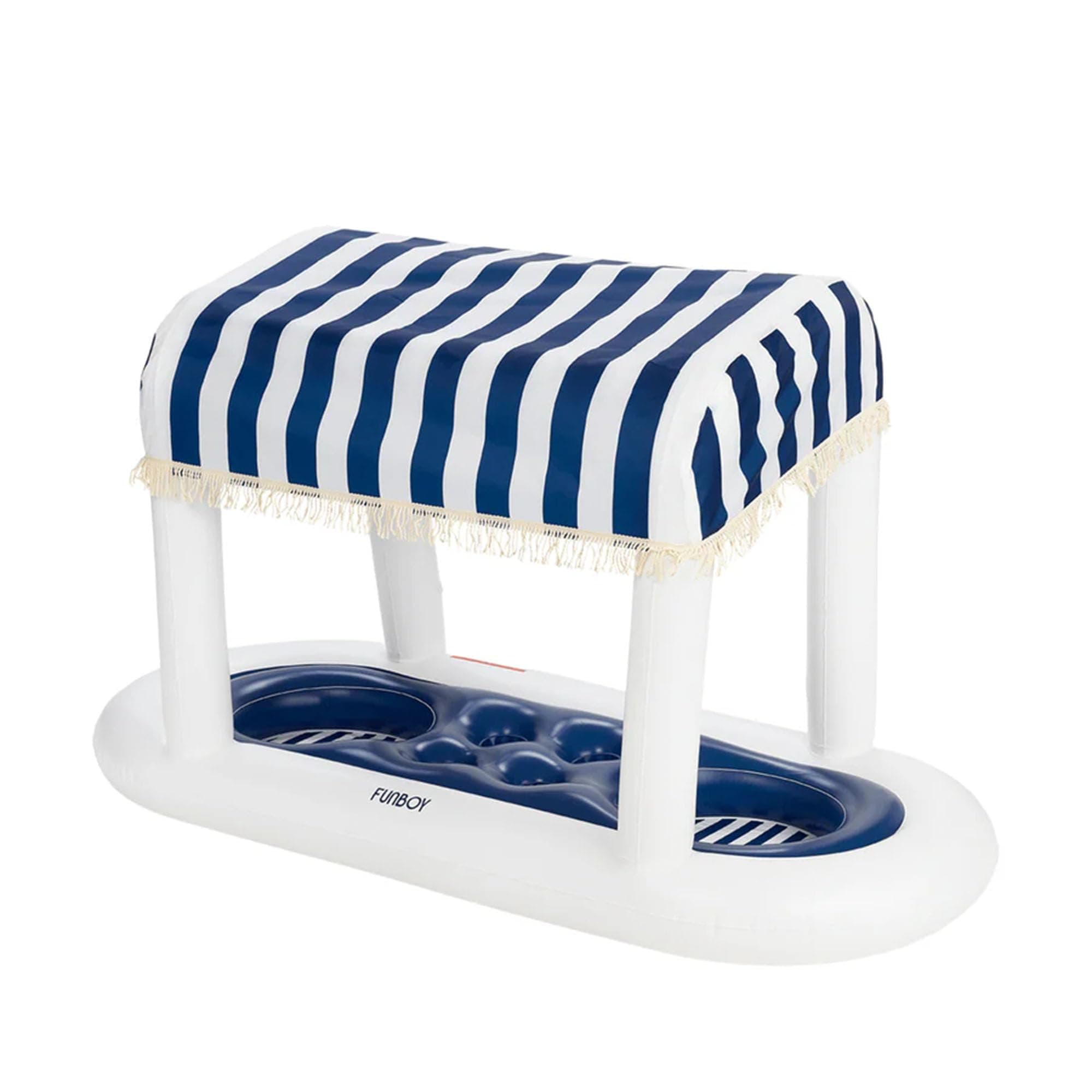 FUNBOY Giant Floating Navy Cabana Stripe Drink Station w/Removable Shade | Removable Fabric Shade with Fringe, Perfect for Parties, Table-Top Decorations, In-Pool Refreshments