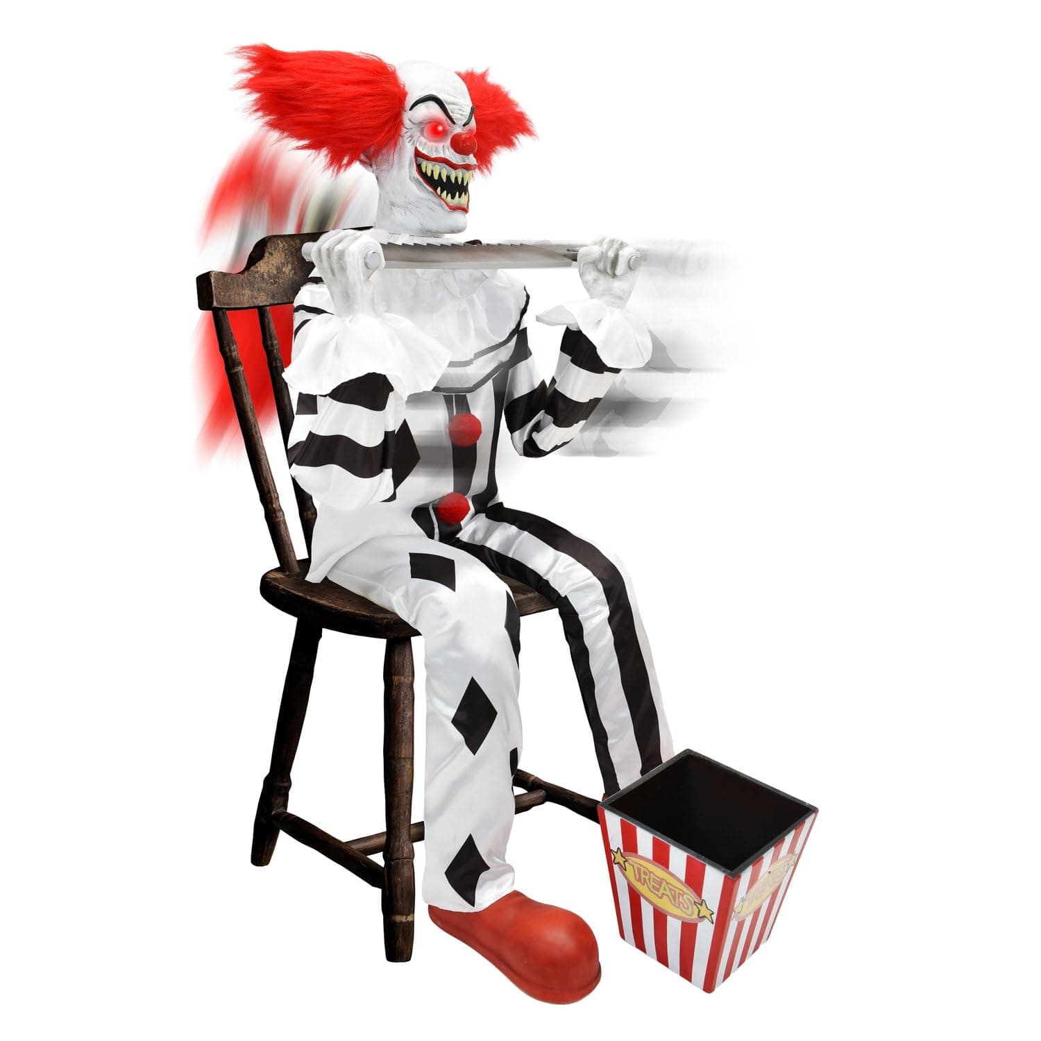 Haunted Hill Farm 4.1-Ft. Sitting Scareclown with Saw & Candy Animatronic