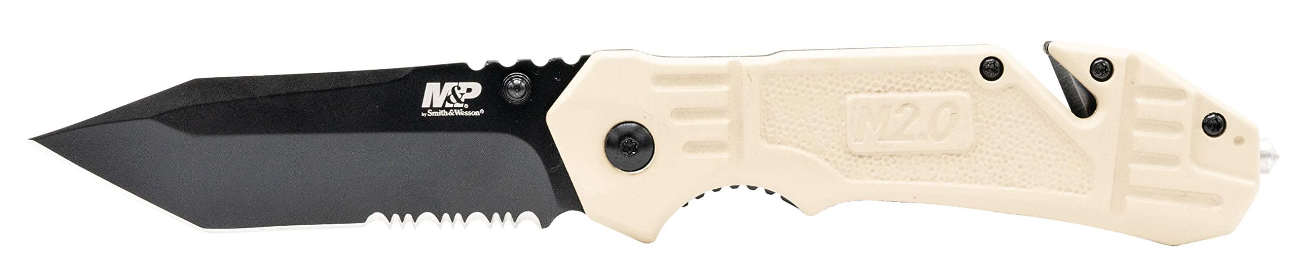 Smith & Wesson M&P FDE 8.2in High Carbon S.S. Spring Assisted Folding Knife with 8in Serrated Tanto Blade and Rubberized Handle for Outdoor Survival and EDC,Black