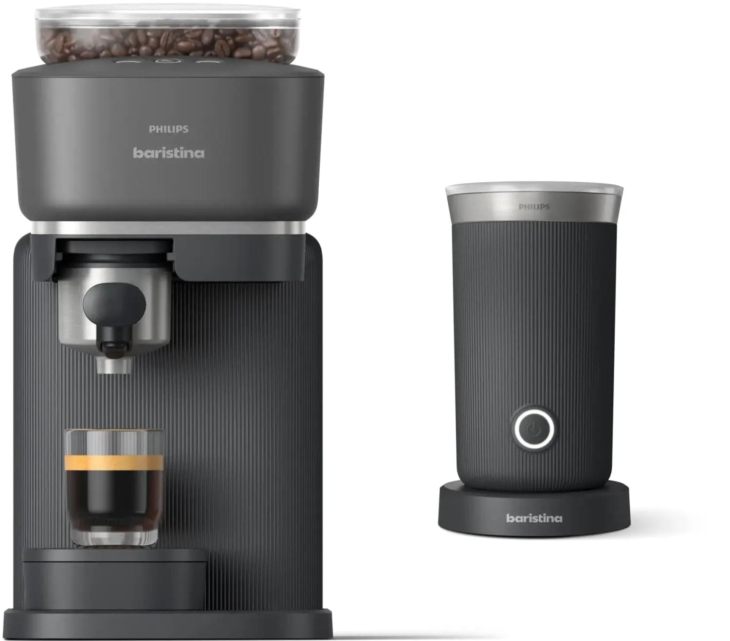PHILIPS Baristina Espresso Machine & Milk Frother Bundle, Black | Hot & Cold Milk Foam – dairy and plant-based, compact espresso maker, integrated grinder, easy to clean (BAR303/60)