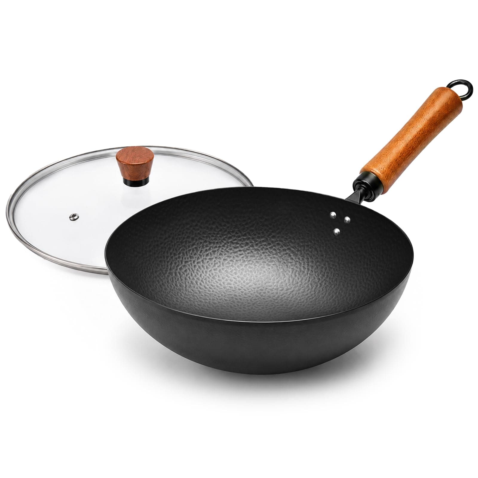 VIVIDCOOKWARE 11" Round Bottom Carbon Steel Wok with Glass Lid, Traditional Chinese Stir Fry Pan for Gas Stove & Wok Ring, 3.2 QT Small Wok for 1–3 People, Uncoated, Wood Handle, Seasoning Required