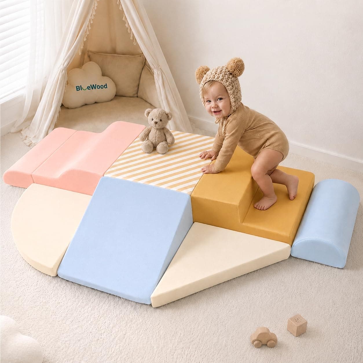 BlueWood Baby Foam Climbing Blocks, 7-Piece Soft Play Set for Crawling | Soft Climbing Blocks for Toddlers 1-3, Baby Climbing Blocks for Indoor Playground, Washable Toddler Climbing Toys (Rainbow)