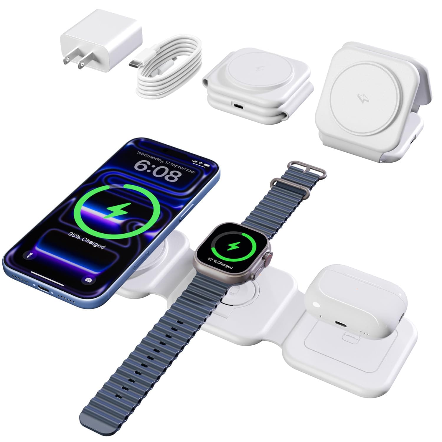 15W Magnetic Travel Charging Station, 3-in-1 Foldable MagSafe Charger | Wireless Charger for Apple Multiple Devices - iPhone Air 17 16 15 14 13 12 Pro Max, Watch & AirPods - Slim Portable, White