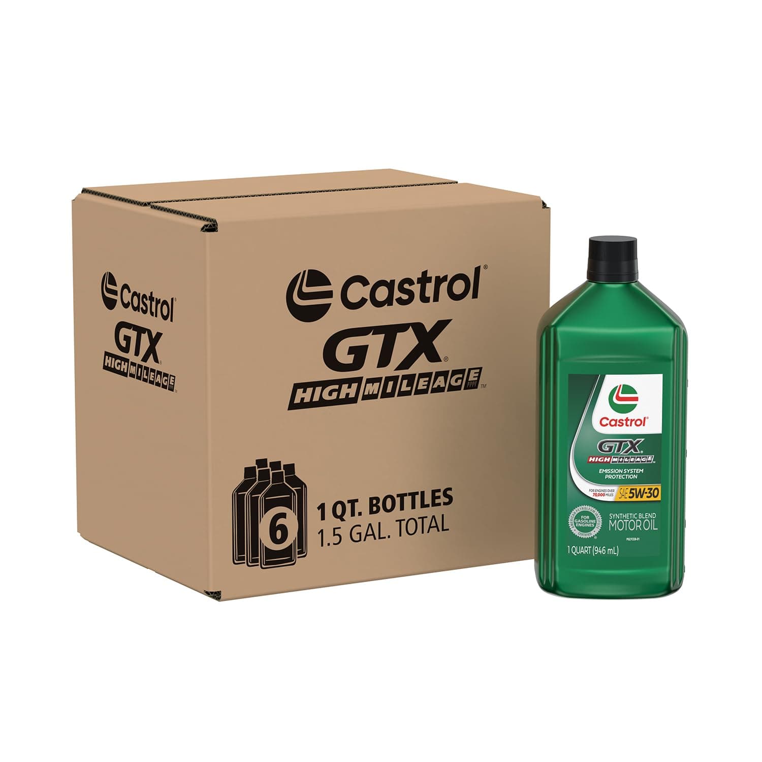 Castrol GTX High Mileage 5W-30 Synthetic Blend Motor Oil, 1 Qt, Pack of 6