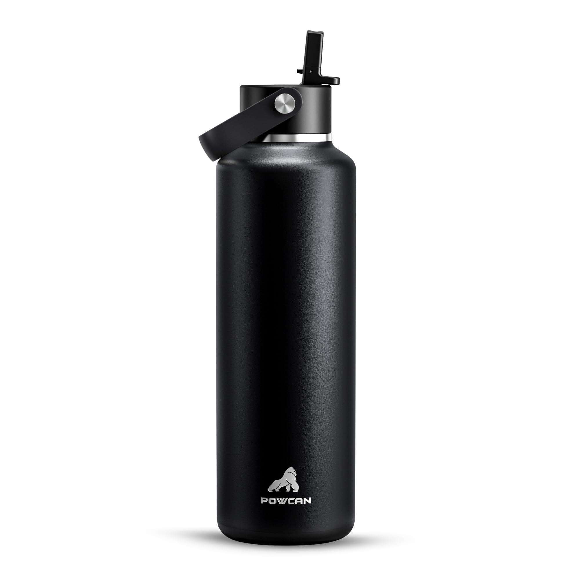 POWCAN 24 oz Slim Insulated Water Bottle with Straw: Leakproof, Keep Cold 24H, Cupholder Friendly, Top Handle, BPA-free, Stainless Steel Water Bottle for Sport, Travel, School, Gym (Midnight Black)
