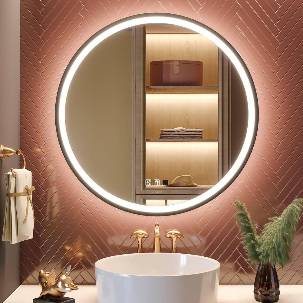 GANPE LED Sensor Mirror, Round Human Body Induction, Black Framed Vanity Mirror, Illuminated Dimmable Anti Fog IP44 Waterproof Wall Mounted Mirror (32" L x 32" W)