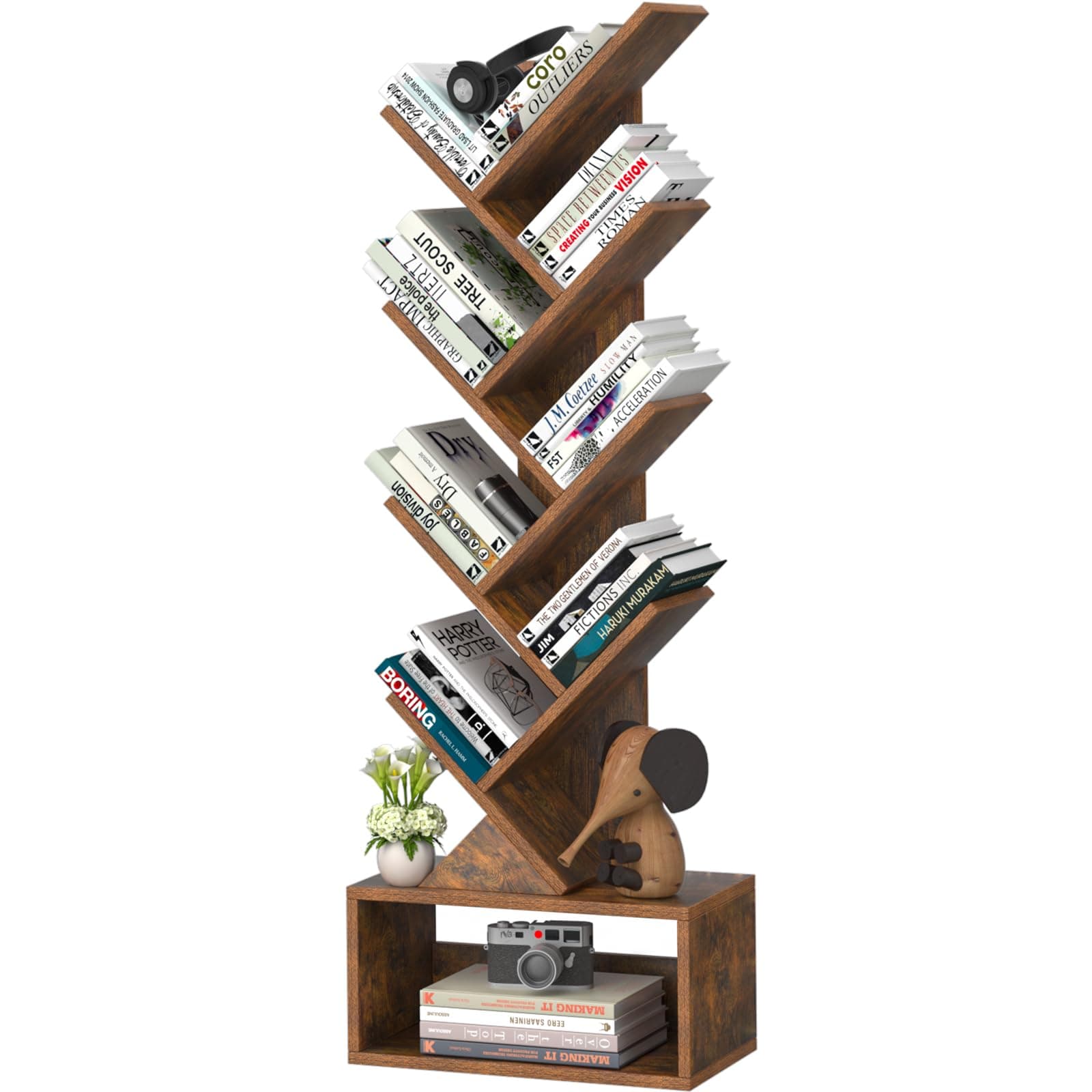 SHEEPAM 9-Tier Tree Bookshelf Floor Standing Narrow Space Storage Bookcase | Wood Tree Book Rack; Tall Storage For Bedroom, Living Room & Home Office; Compact Floor Organizer For Books & Small Decor
