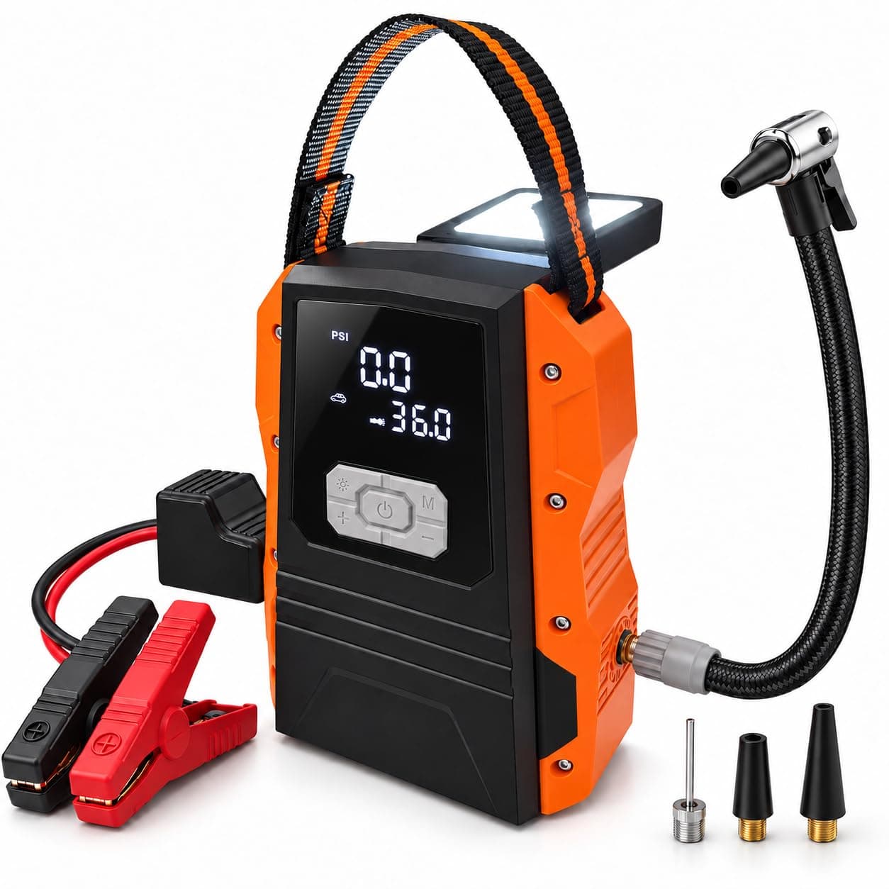 M201 9000A Jump Starter with Air Compressor, 160 PSI Tire Inflator | 28000mAh 14.8V rechargeable battery, fold-out LED camping light with SOS, portable work light and woven carry handle