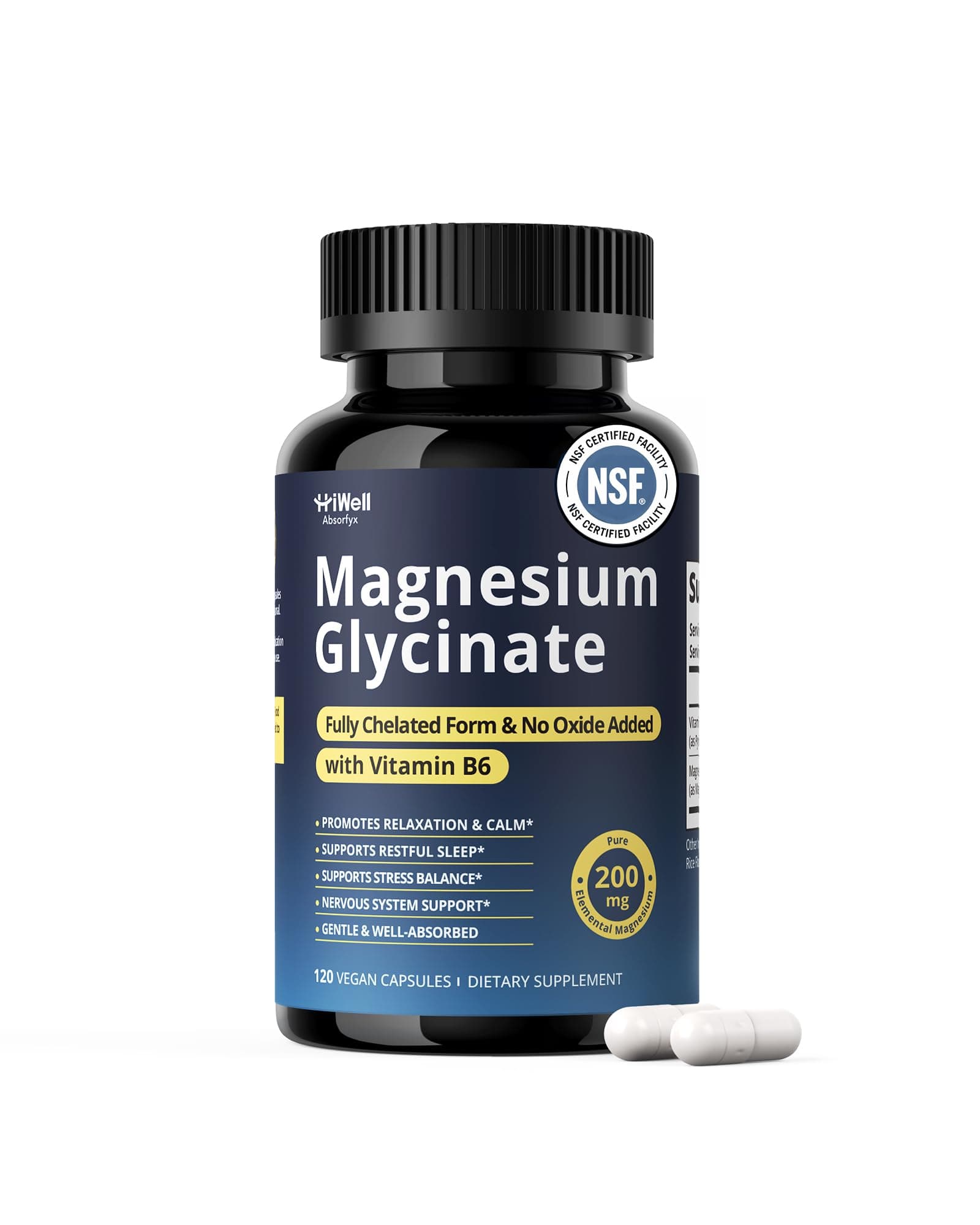Magnesium Glycinate 200mg with Vitamin B6 for Women & Men,120 Capsules | 6x High-Absorption Magnesium Bisglycinate for Restful Sleep, Calm, Muscle Relaxation & Nerve Support, Non-GMO, Gluten-Free