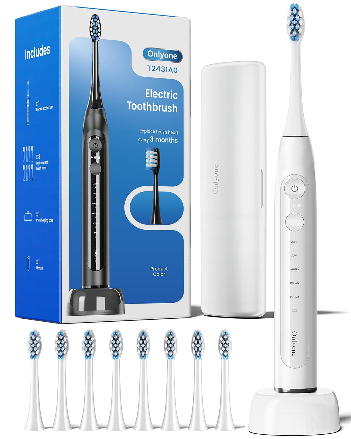 Onlyone Electric Toothbrush for Adults, Rechargeable Electric Toothbrush with 8 Brush Heads, Travel Case, Charging Base & Wireless Charging - 5 Modes with Smart Timer, White