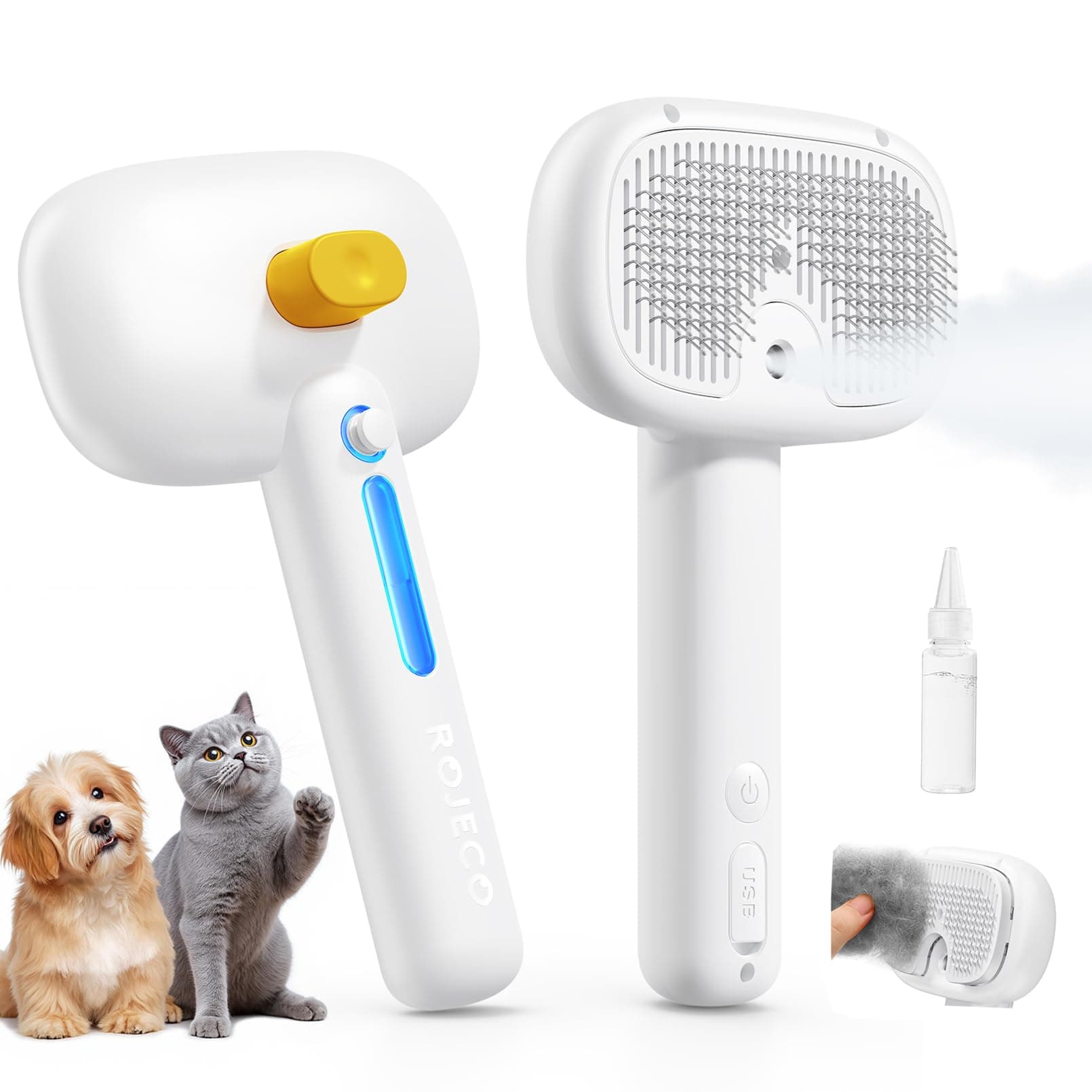 ROJECO 3-in-1 Pet Steam Brush,Spray Hair Removal Detangling Comb | Handheld/3 Mist Spray Modes/Pets Enjoy Deshedding,Grooming,Massage/USB Rechargeable/Cordless/for All Long Short Hair Pets