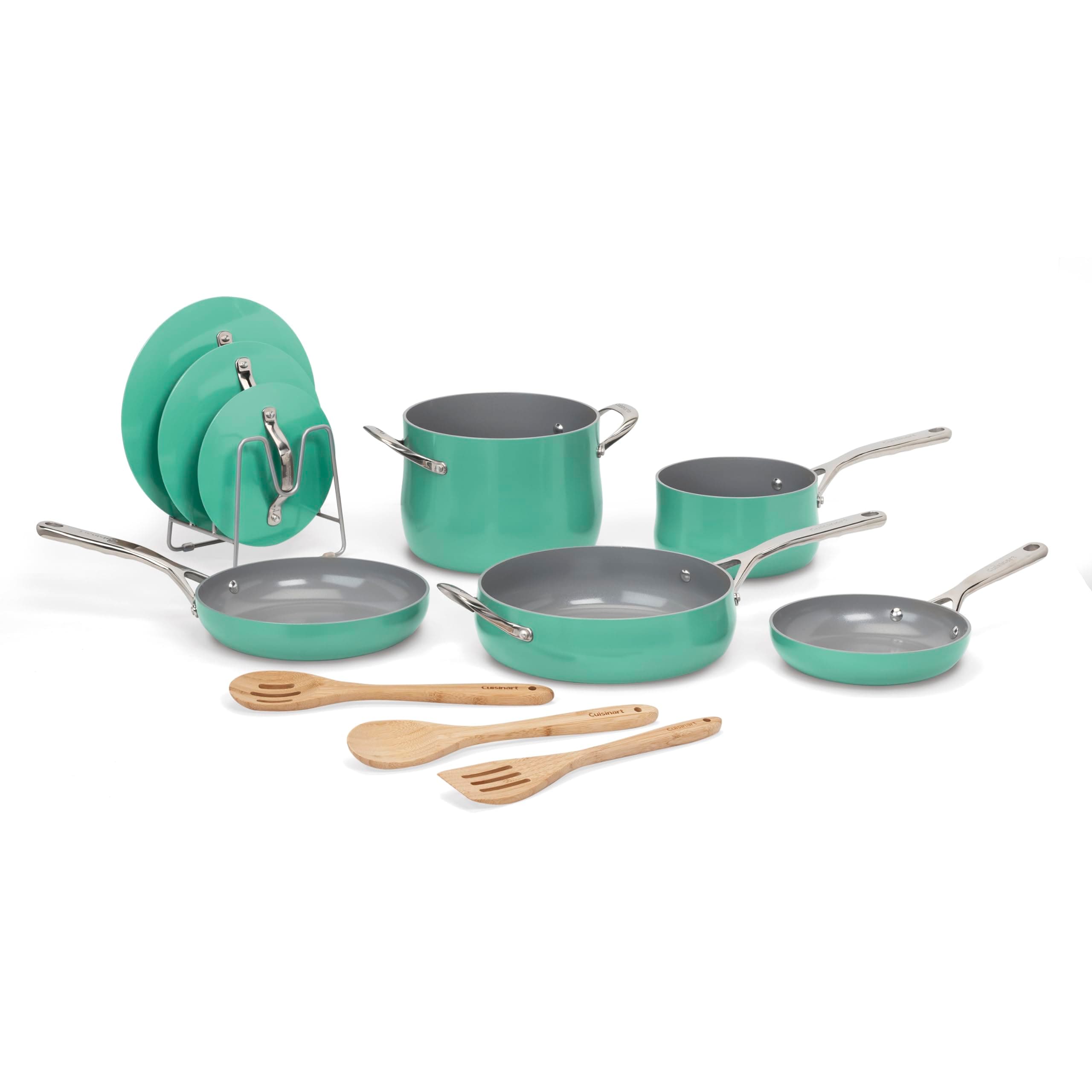 Cuisinart Ceramic Cookware Set, Nonstick 12-Piece Pots and Pans Set for Even Heat Cooking, Dishwasher Safe, Stainless Steel Handles & Easy Cleanup, Teal, 34C-12TL