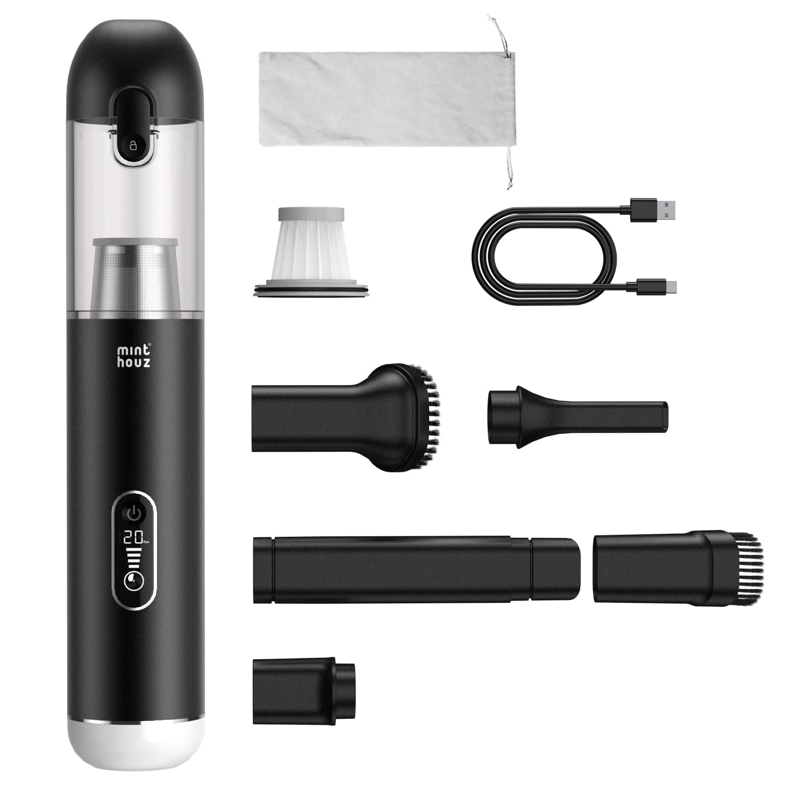 Minthouz Car Vacuum Portable Cordless - 20000PA High Power Handheld Vacuum with LED Display, 2.5H Fast Charging Up to 45 Mins of Runtime, Hand Vac Cordless Rechargeable for Car Home Corner Cabinet