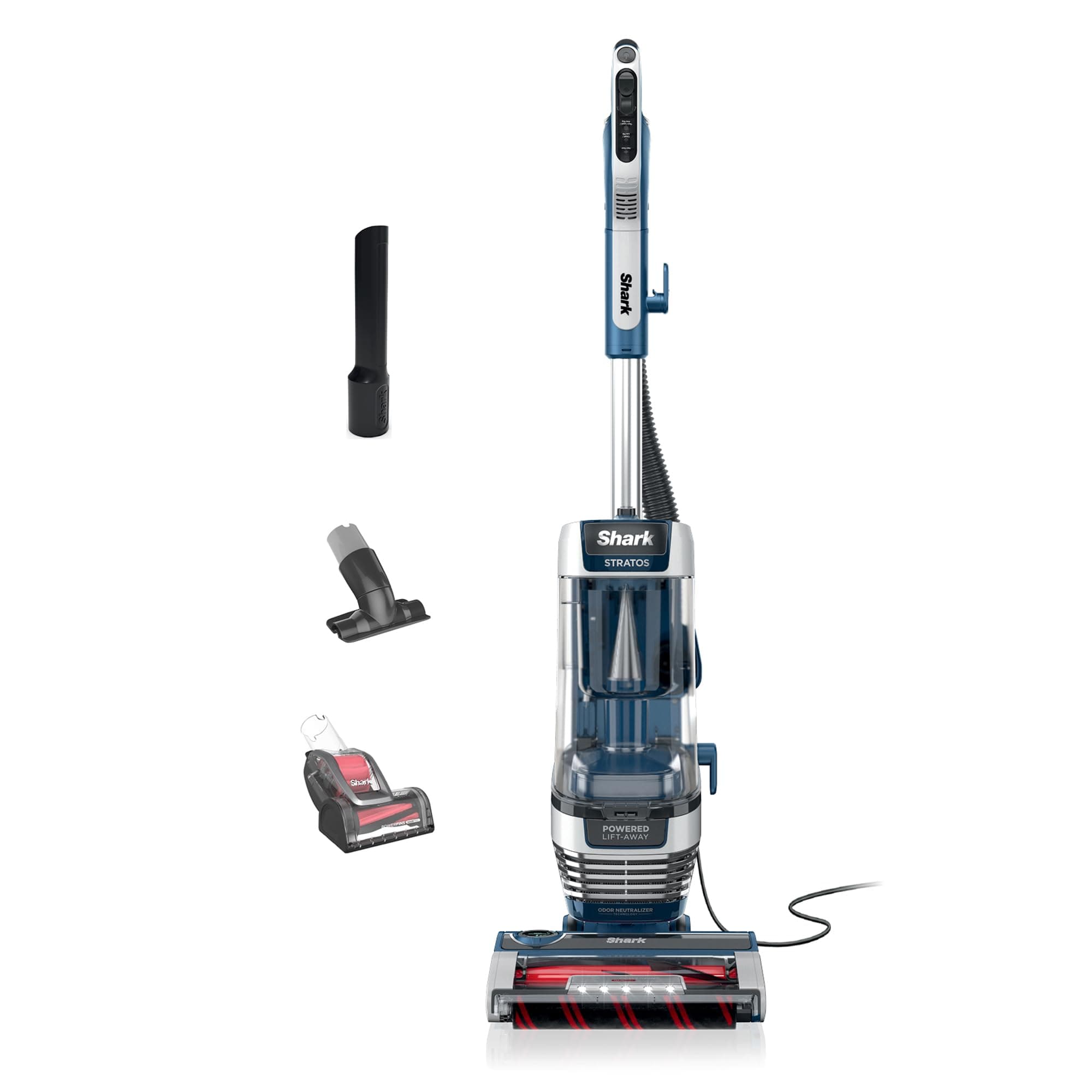 Shark Stratos Upright Vacuum, Powered Lift-Away, HEPA Seal, Navy, AZ3002​ | DuoClean, PowerFins & HairPro, Self-Cleaning Brushroll, Odor Neutralizer, LED Headlights, Easy-Empty Dust Cup, Bonus Tools​