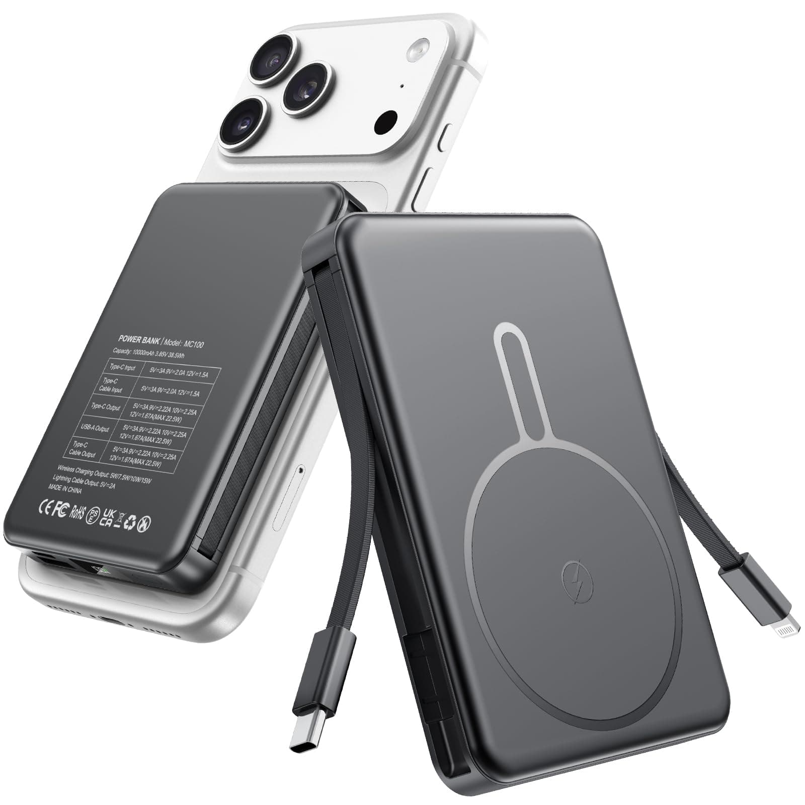 Magnetic Portable Charger 10000mAh for Magsafe Power Bank Built in Cables | 22.5W Fast Charging Battery Pack Wireless Battery Bank Travel Essential for iPhone 18/17/16/15/14/13/12 etc Black