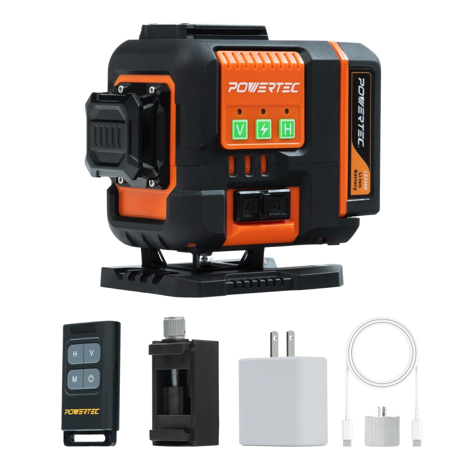 POWERTEC 3×360° Green Laser Level, 3D 12 Lines Self-Leveling Cross Line Laser with Remote Control & Lift Platform, 32H Runtime USB-C Rechargeable - For Construction & Tiling (LE3360V)