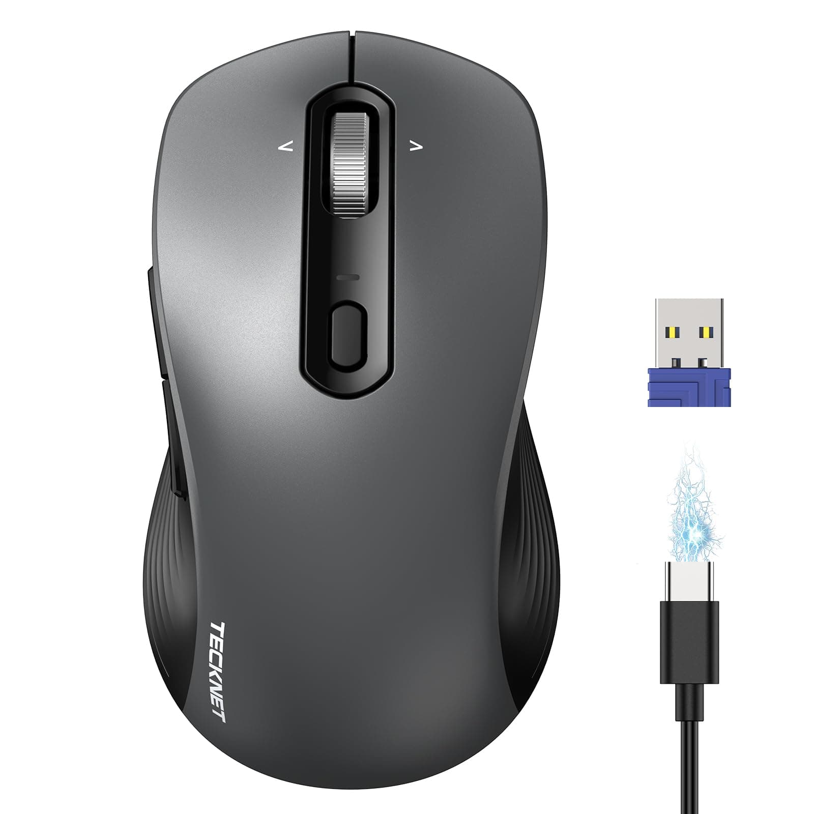 TECKNET Rechargeable Wireless Bluetooth Mouse with 4-Way Wheel, 3-Device | 6-Level 4800 DPI, 180Days-lasting Rechargeable Mouse, Ambidextrous, Ergonomic Design, Silent Mouse for PC/Laptop/MacBook Grey
