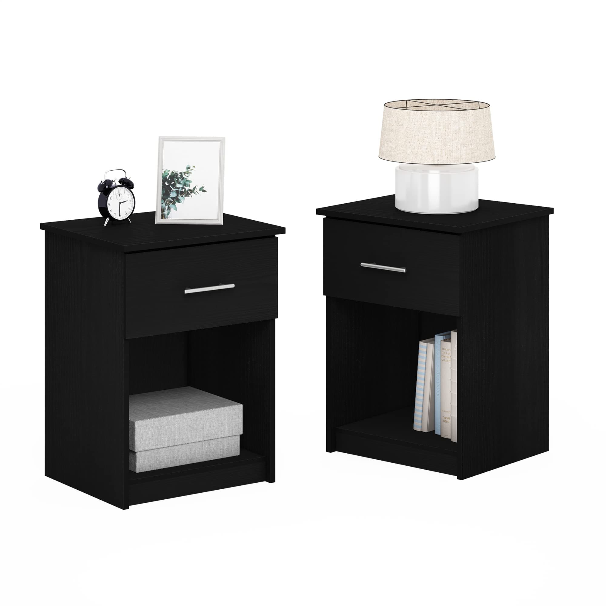 Furinno Tidur Set of 2 Modern Night Stand, Nightstand, Americano | Bar Handle, with Storage Shelf, Bedside Table, End Table, Side Table, for Bedroom, Closet, Dorm