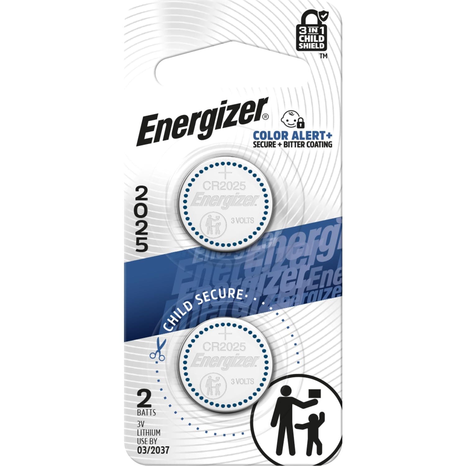 Energizer 2025 Batteries (2 Pack), 3V Lithium Coin Batteries With 3-in-1 Child Shield