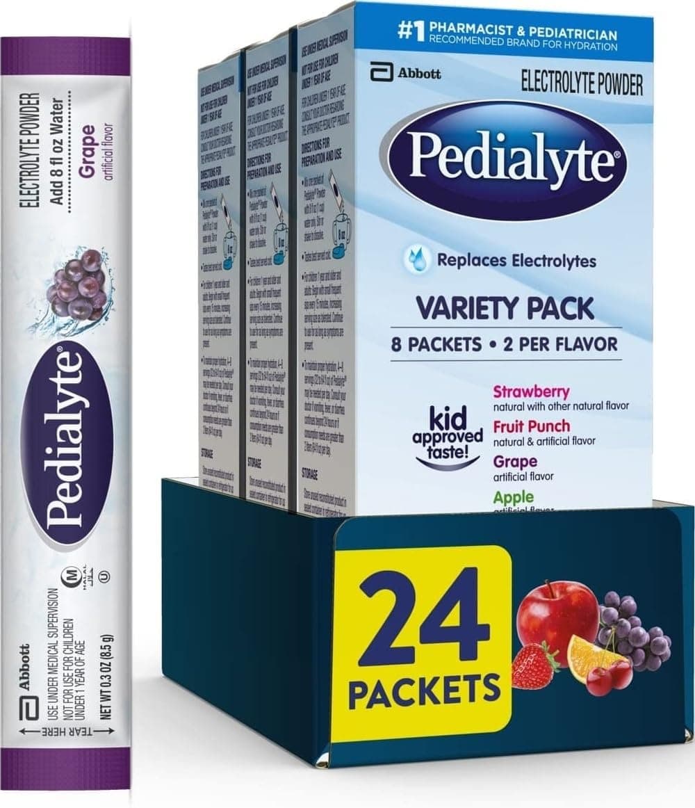 Pedialyte Electrolyte Powder Packets, On-the-Go Hydration Variety Pack | Grape, Fruit Punch, Strawberry, and Orange electrolyte packets for adults and kids from the #1 doctor-recommended brand