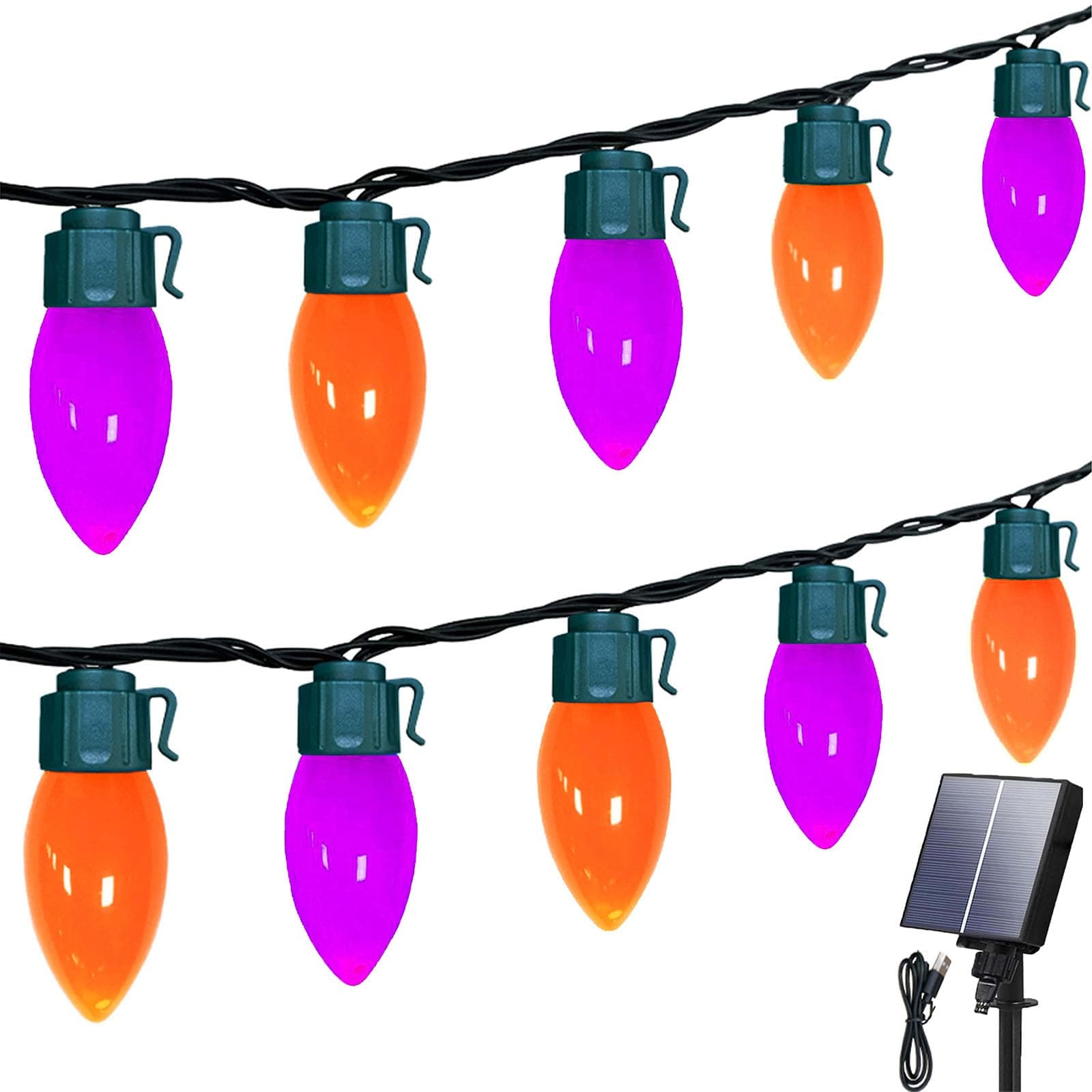 C9 Solar Halloween Lights,33ft 50LED Outdoor Halloween Lights,Orange Purple | 8 Lighting Modes, IP65 Waterproof Outdoor Vintage Halloween String Lights for Halloween Yard, Porch,Garden, Path
