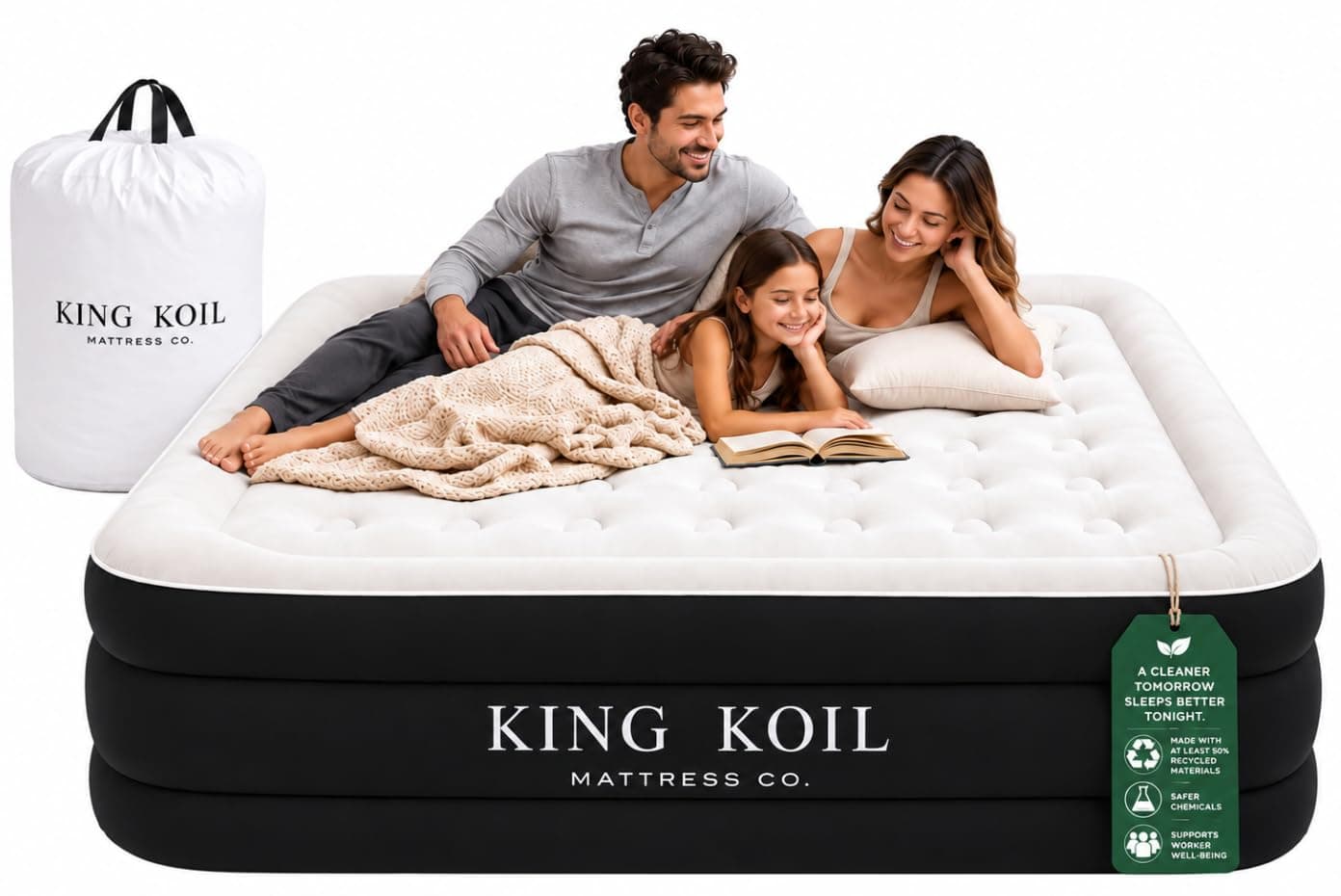 King Koil Air Mattress Queen with Built-in Pump, Raised Inflatable Bed | Premium blow up mattress for home & guests • Inflates in 2 minutes • 650 lb capacity • Patented high-speed pump
