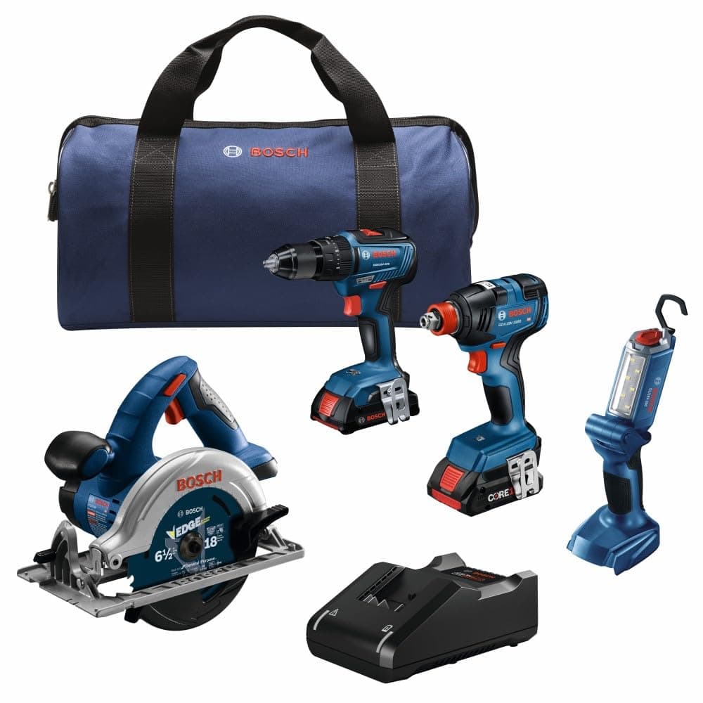 BOSCH GXL18V-497B23 18V Power Tool Combo Kit - 4 Tool Cordless Set with 1/2 In. Hammer Drill/Driver, Two-in-One Impact Driver/Wrench, Circular Saw, Worklight, Batteries & Charger