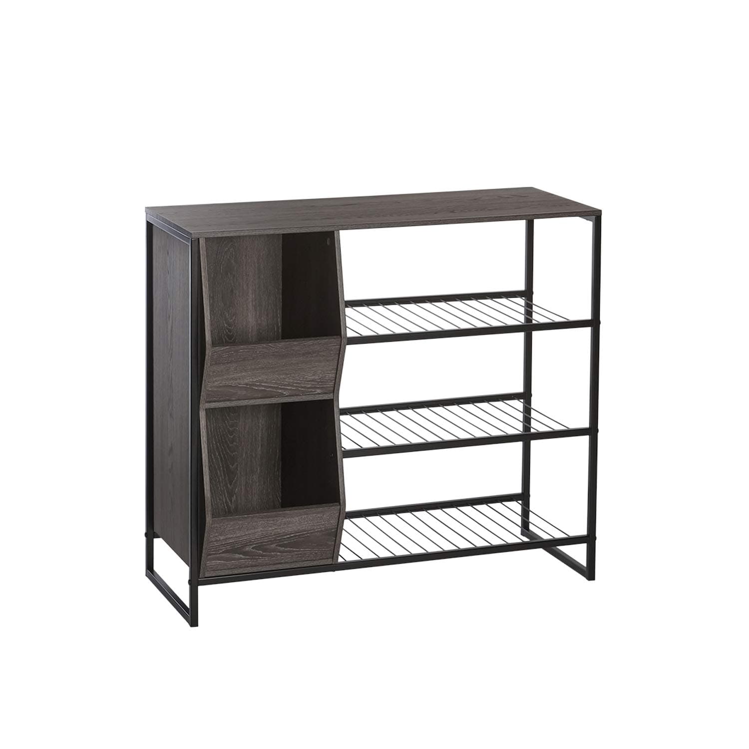RiverRidge Afton Shoe Storage Organizer, Black Frame + Weathered Woodgrain | Versatile Entrway Shoe Rack with 3 Metal Shelves, and 2 Cubby Bins
