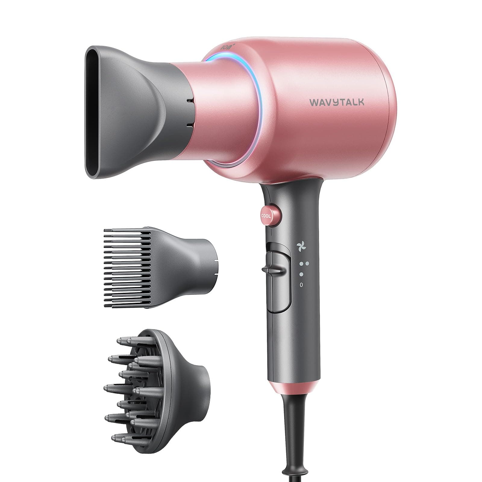 Wavytalk Blown Away Ionic Hair Dryer with Diffuser for Curly Hair | 1875W Fast Drying, 3 Attachments for All Hair Types, Ceramic Healthy Shine, Lightweight & Quiet (Rose Gold)